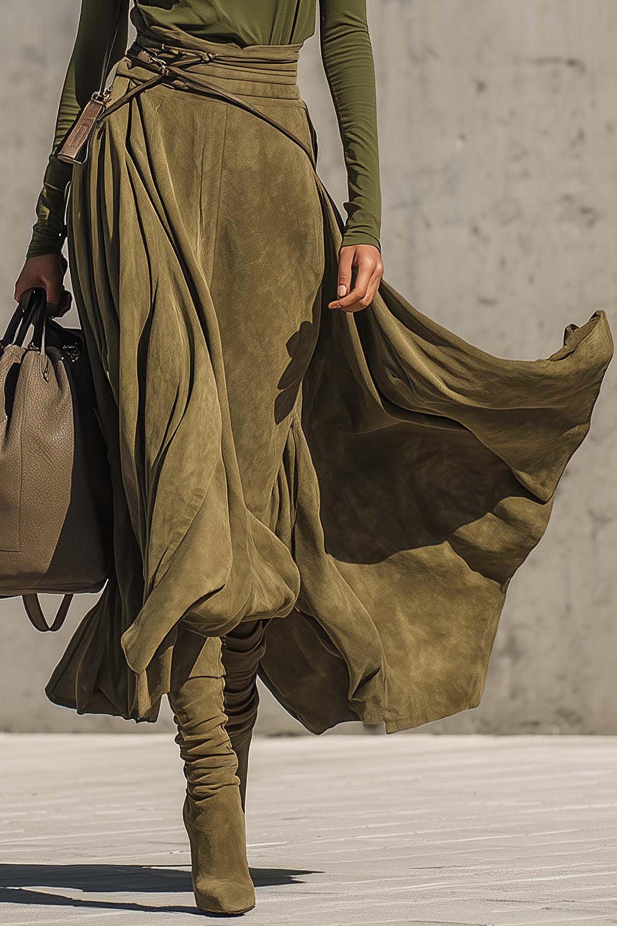Olive Green Stretch Turtleneck Top And Faux Suede Maxi Skirt Set(Includes belt)