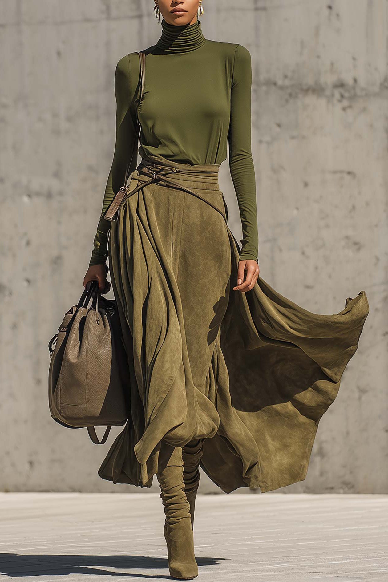 Olive Green Stretch Turtleneck Top And Faux Suede Maxi Skirt Set(Includes belt)