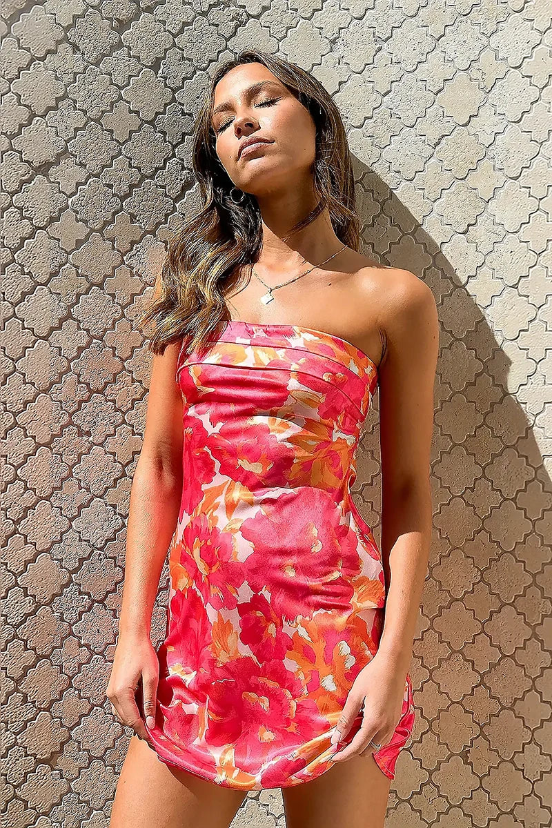 שמלת מיני מייה - פרחונית ורוד/אדום