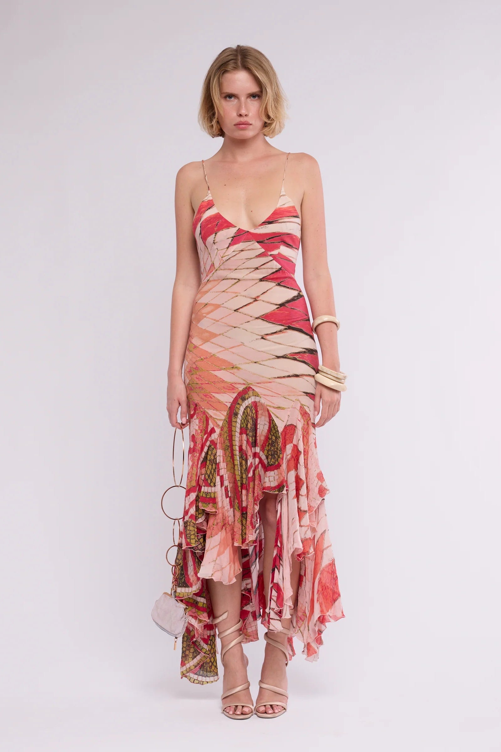 Mosaic Print Asymmetrical Maxi Dress