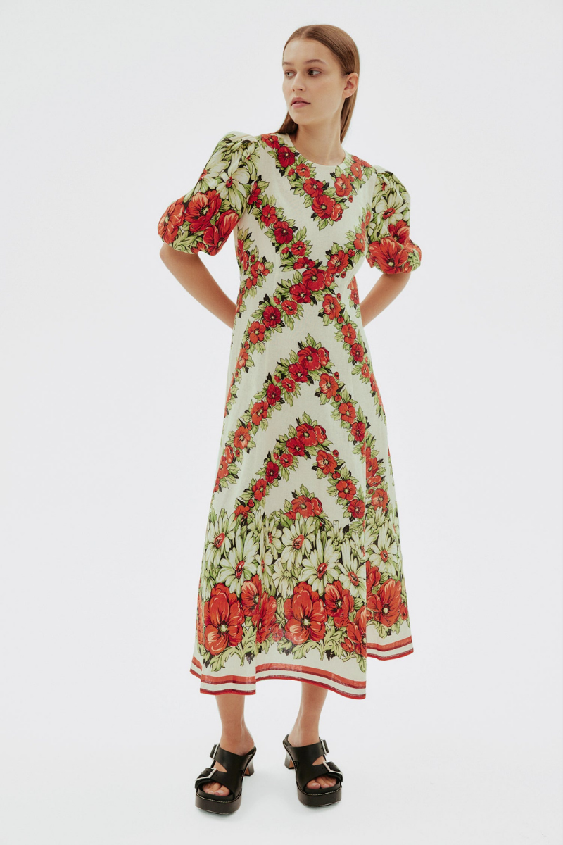 Rochie maxi florală Rosalinde cu gât rotund, roșu