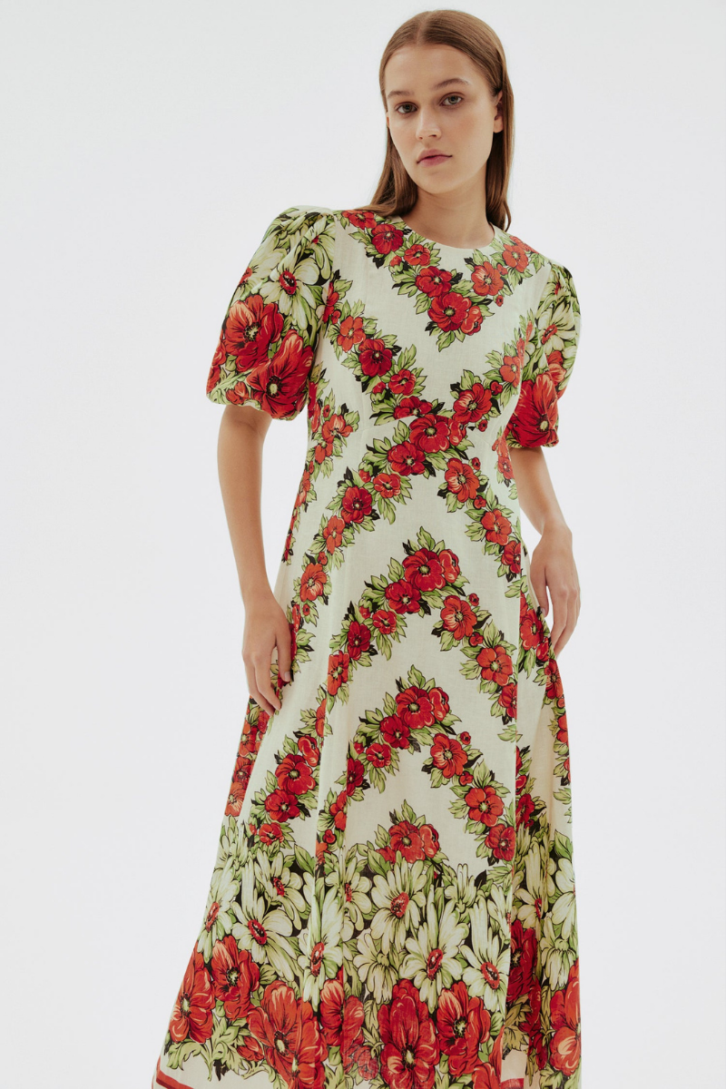 Rochie maxi florală Rosalinde cu gât rotund, roșu