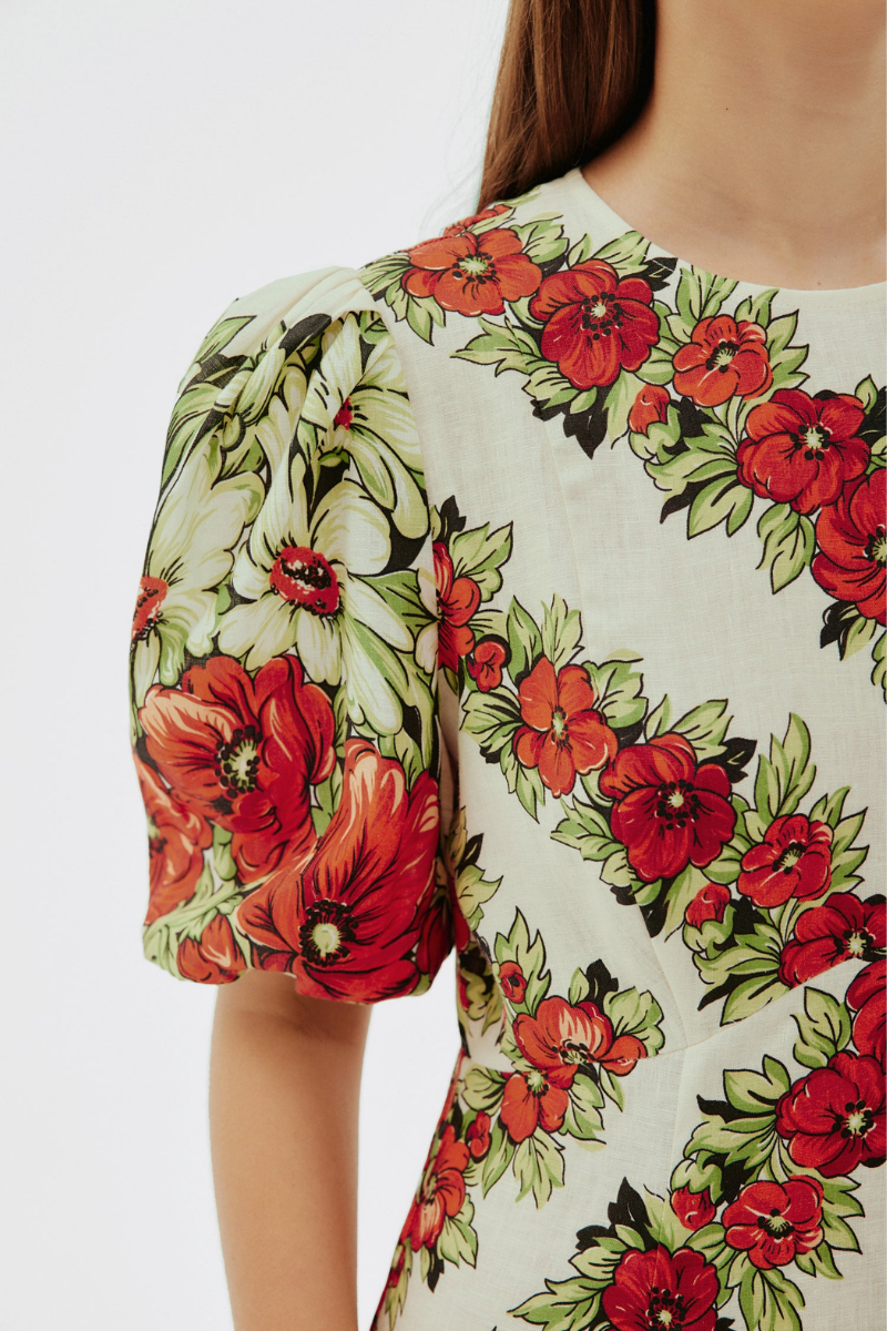 Rochie maxi florală Rosalinde cu gât rotund, roșu