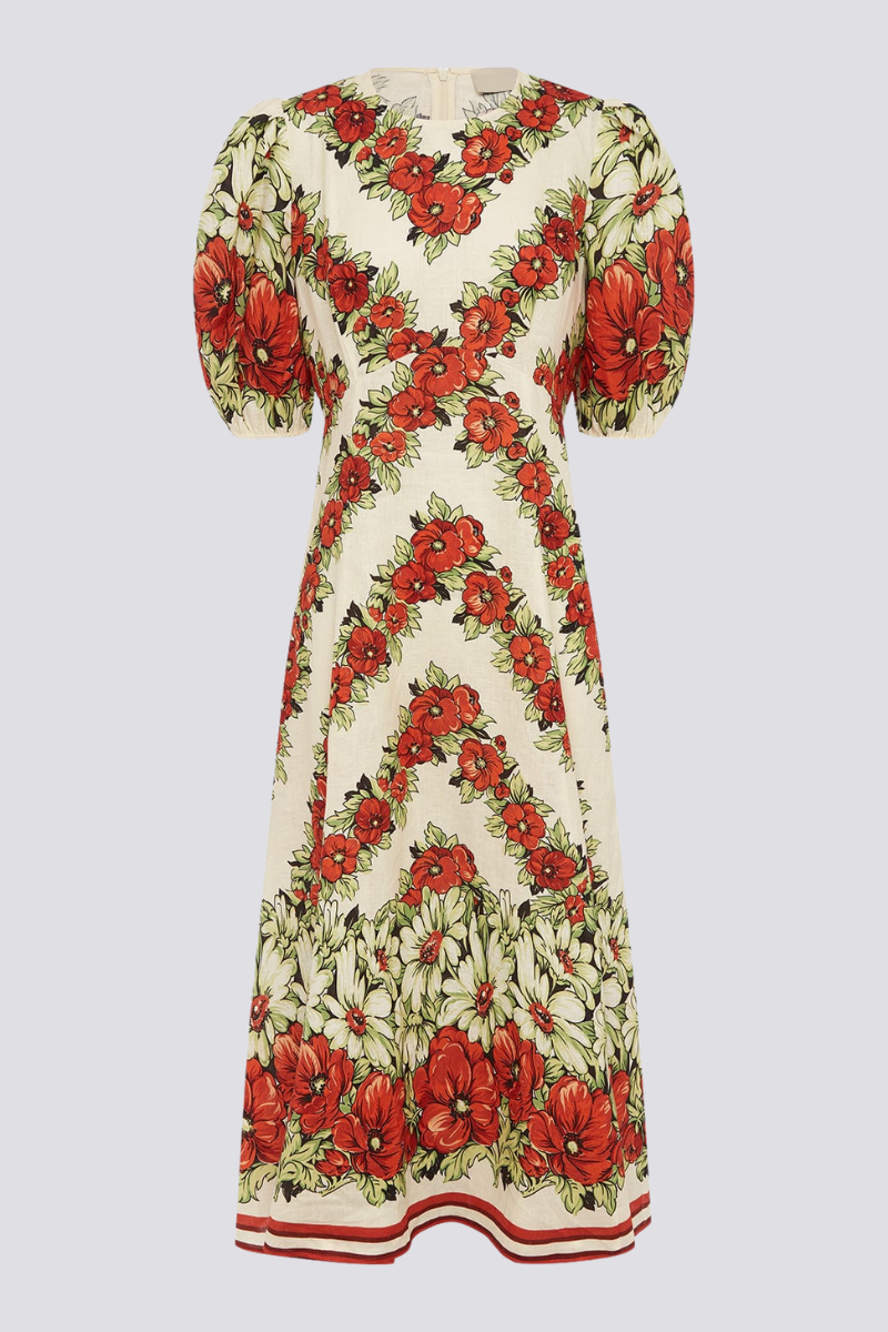 Rochie maxi florală Rosalinde cu gât rotund, roșu