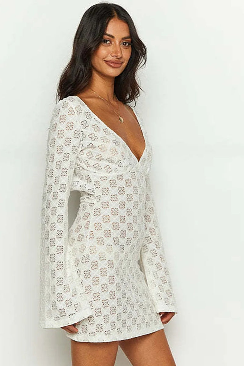 White Printed Low-cut Back Mini Dress