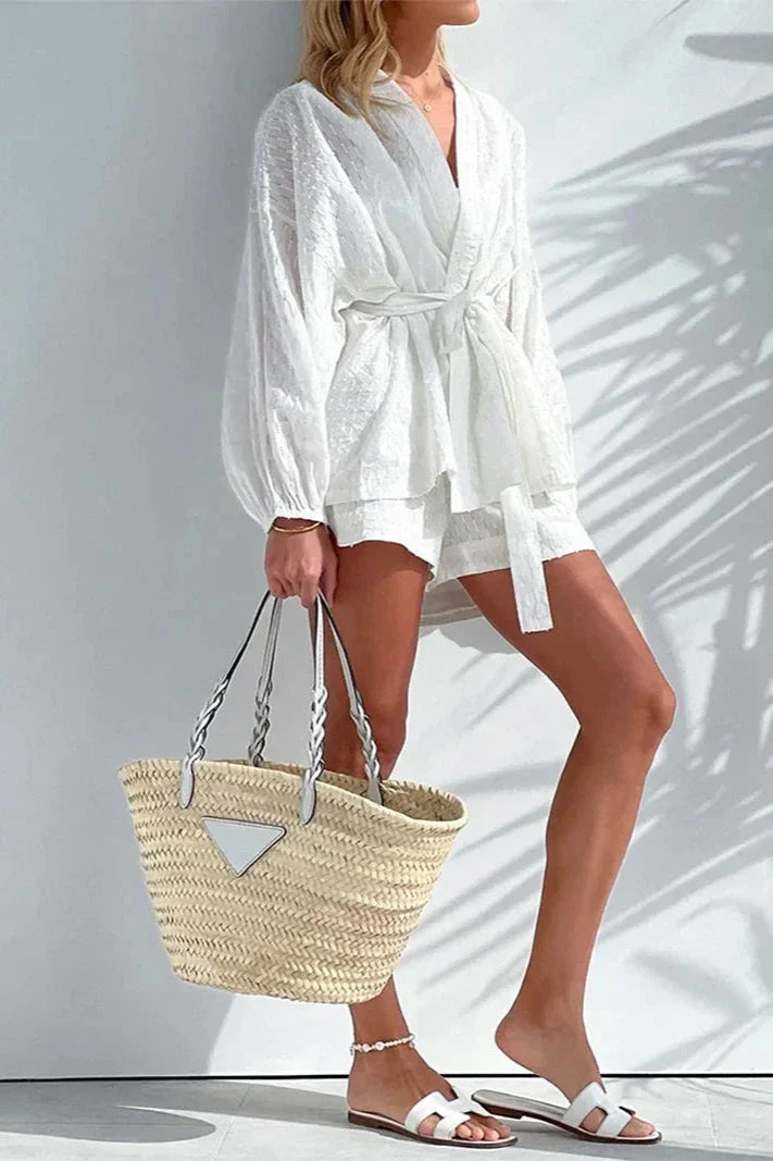 화이트 자카드 직조 허리 두 조각 세트