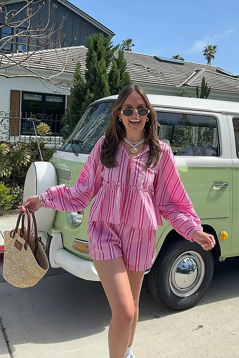 ランタンスリーブストライプシャツショーツセット