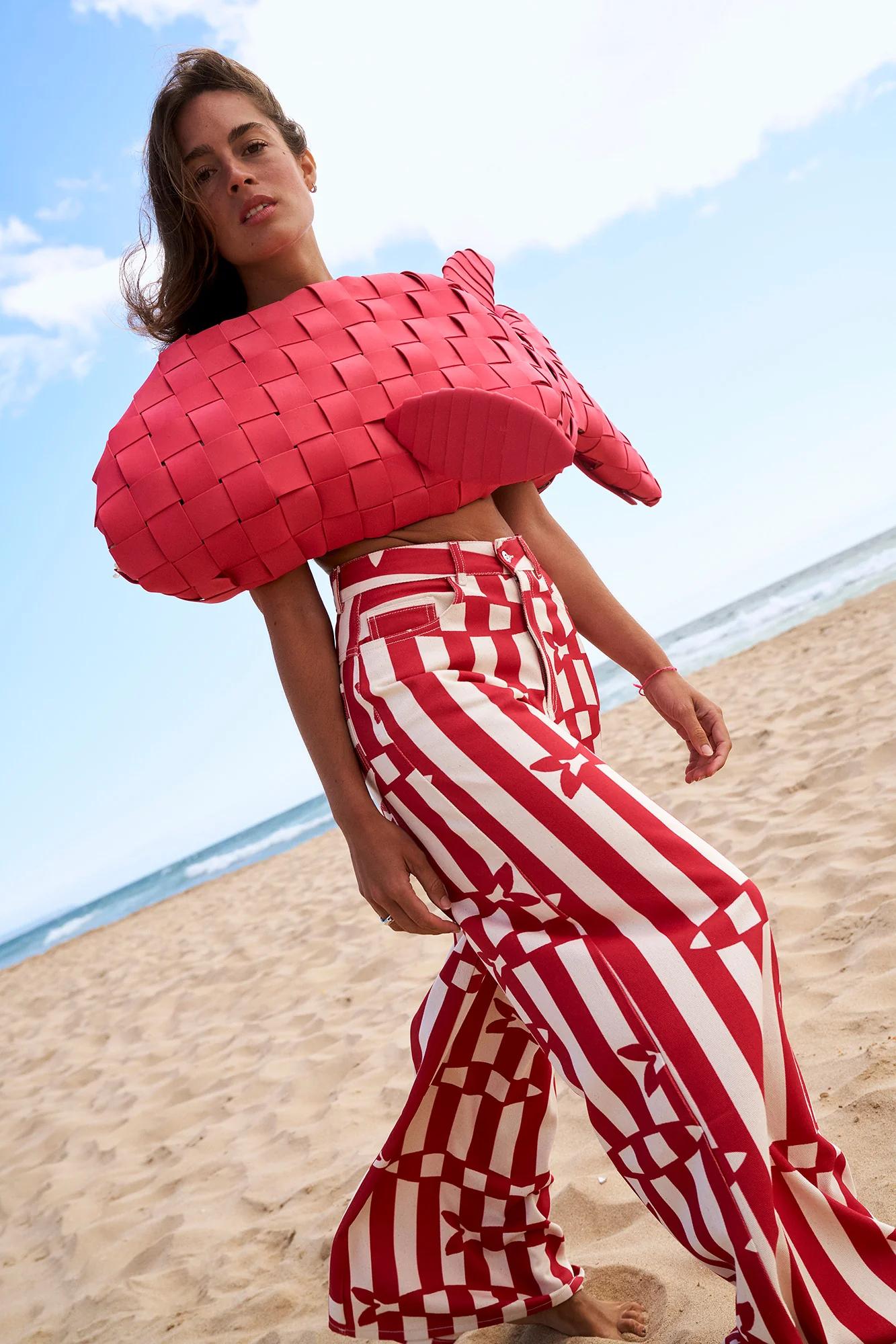 Pantalon à larges jambes rayé à motif poisson