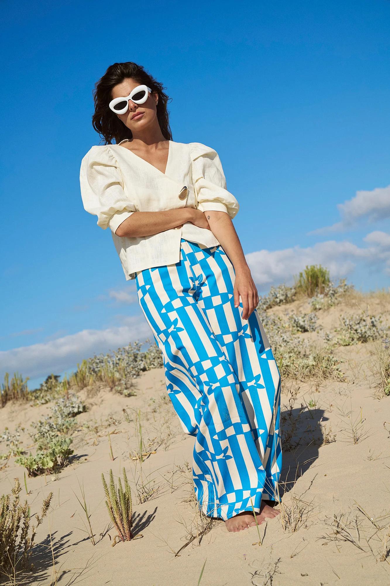 Fish Print Striped Wide Leg Pants