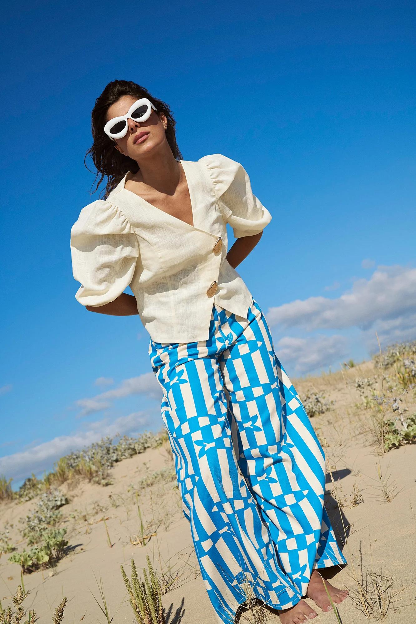 Fish Print Striped Wide Leg Pants