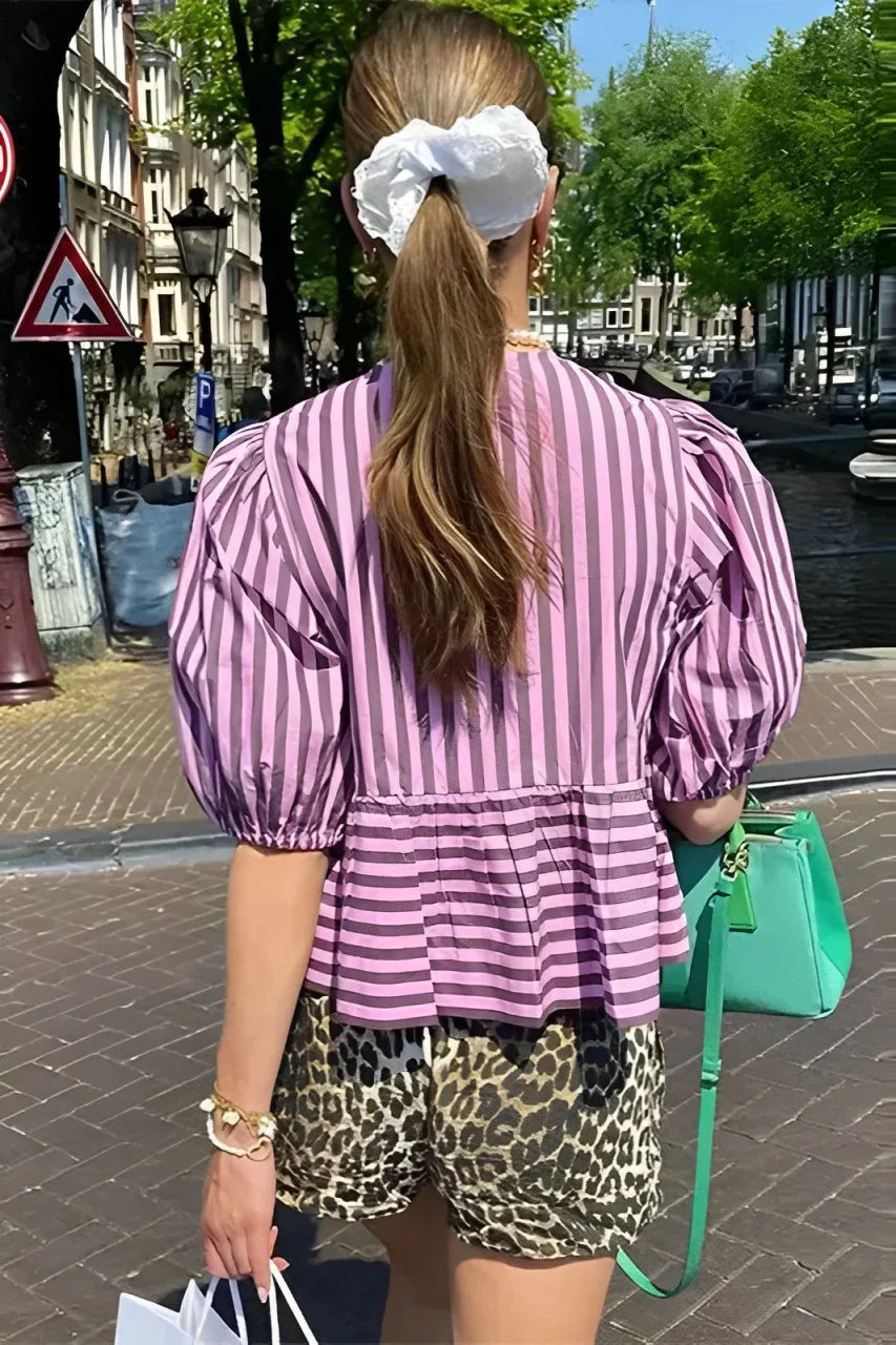 Stripes Puff Sleeve Peplum flugor Blus Kort Topp