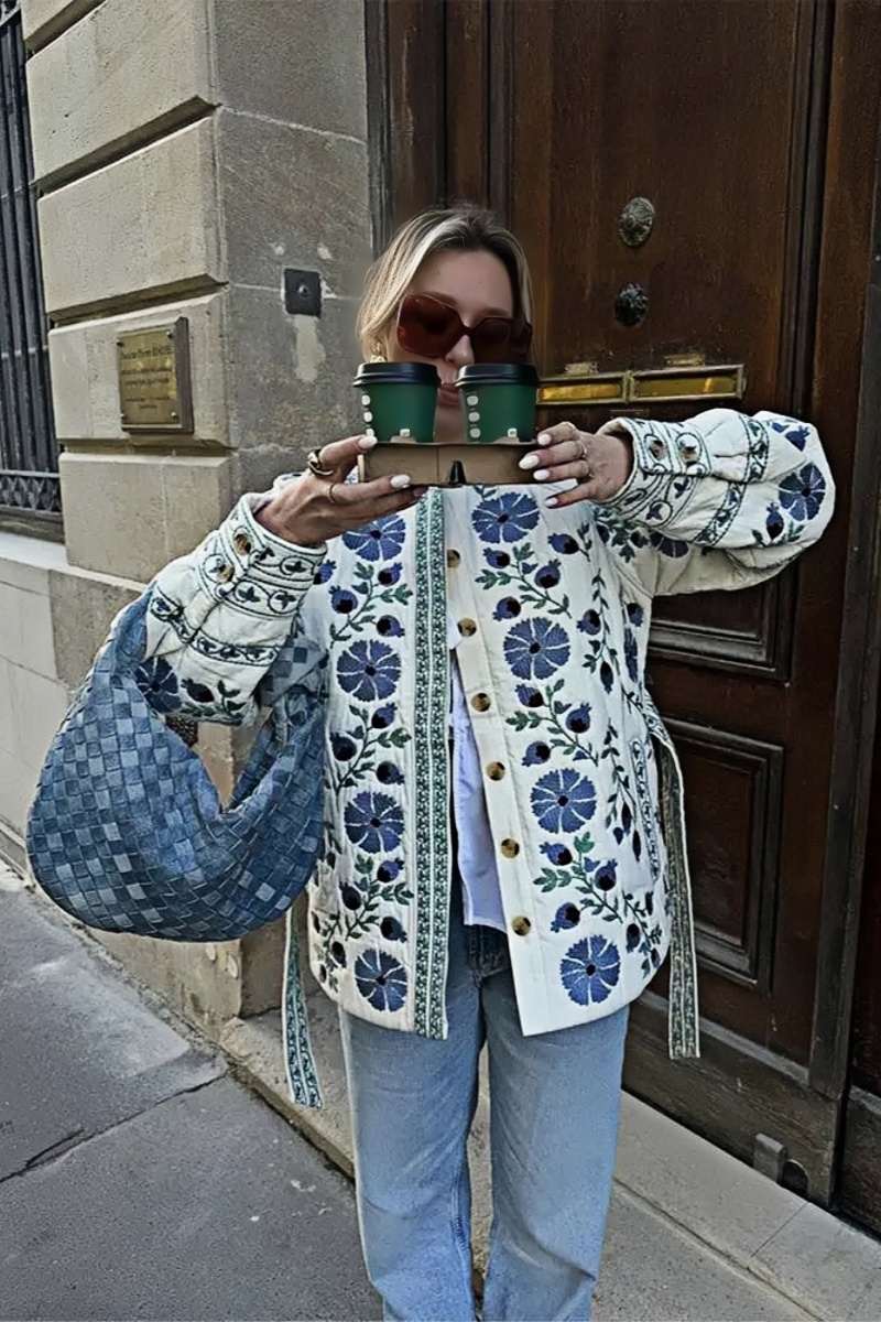 Gündelik Sokak Çiçekleri Bağcıklı Düğmeler Patchwork O Yaka Dış Giyim