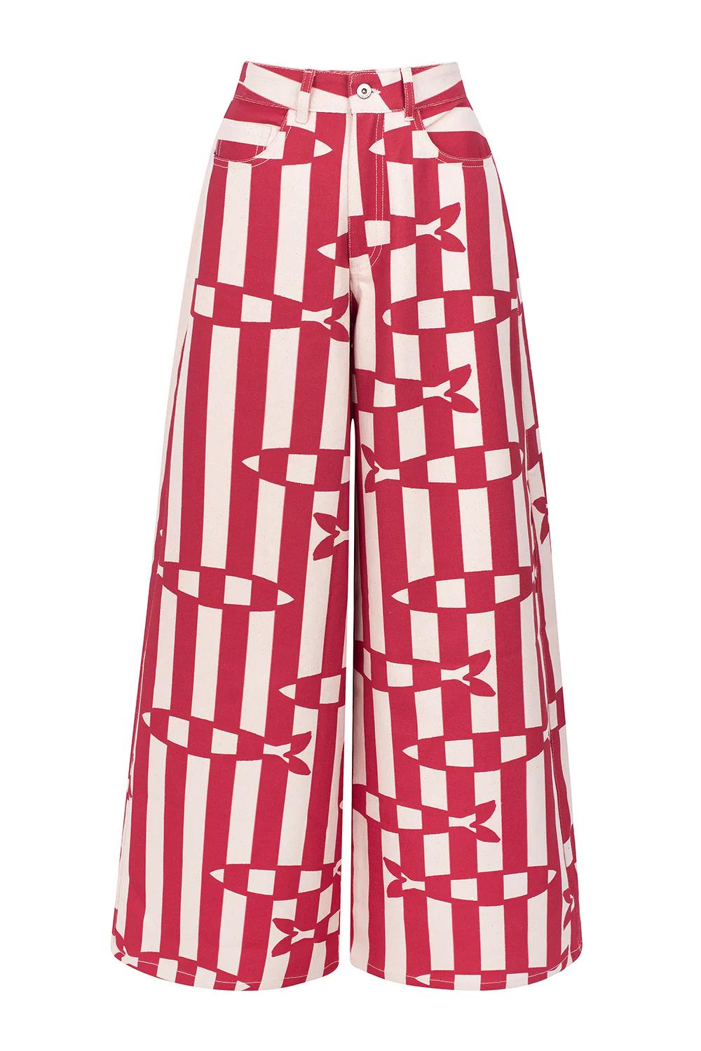 Pantalon à larges jambes rayé à motif poisson