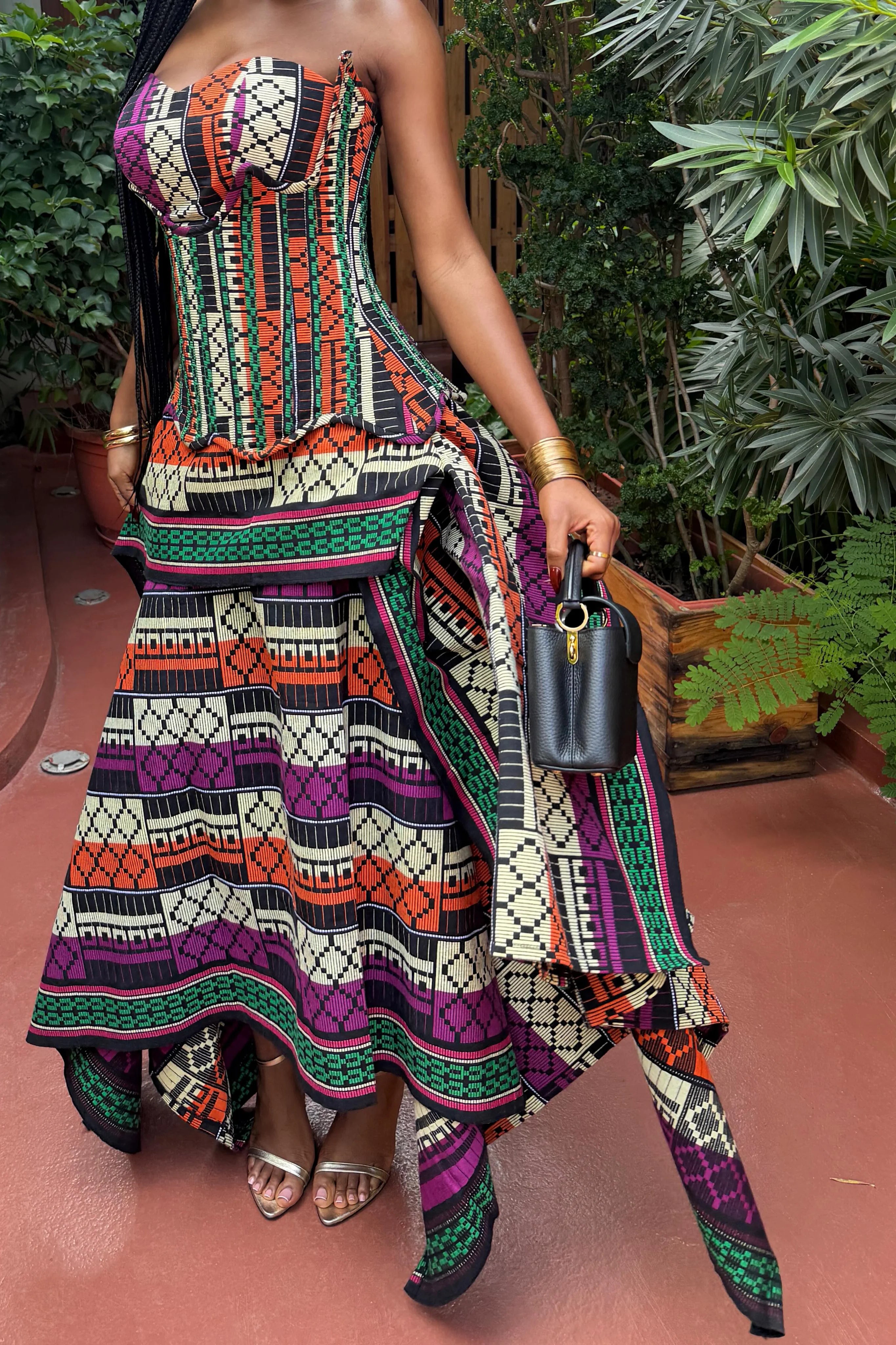 Multicolor Print Strapless Corset-Style Top and Skirt Set
