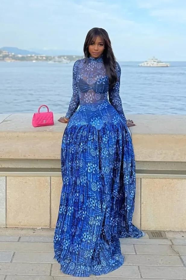 Abito midi con maniche a sbuffo e scollo a V stampato Megan