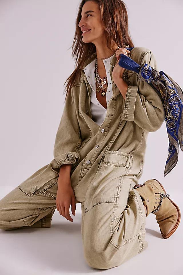 Beige Denim Utility Jumpsuit
