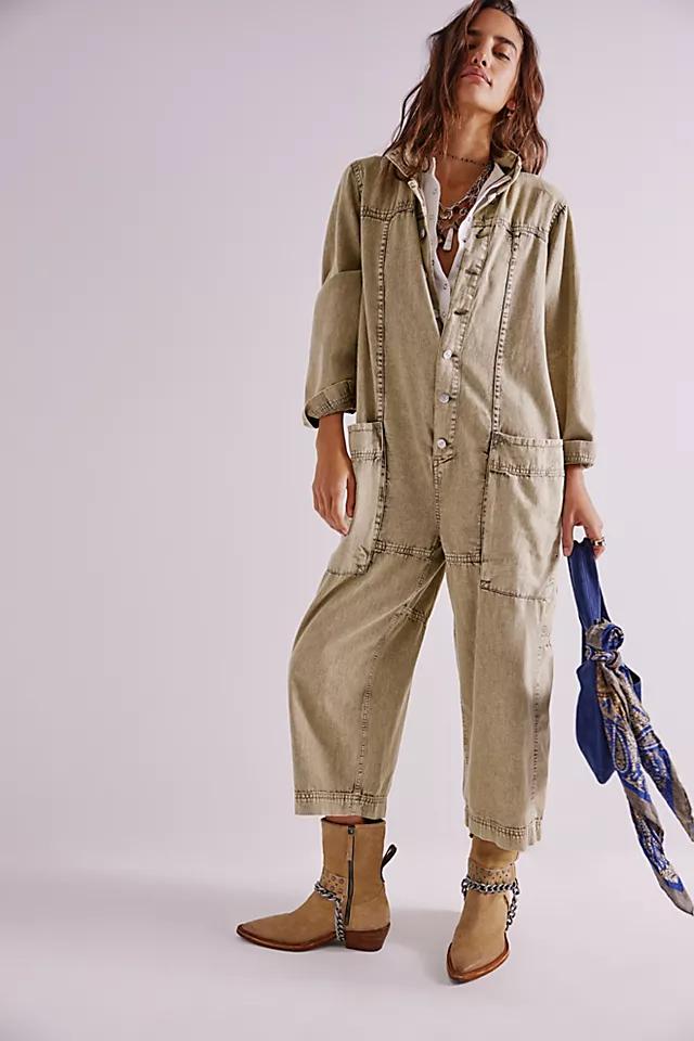 Beige Denim Utility Jumpsuit