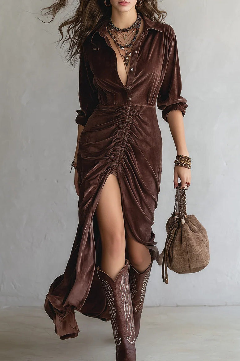 Vintage Button-stitched Pleated Velvet Midi Dress Vintage Button-stitched Pleated Velvet Midi Dress