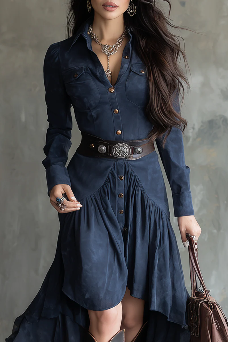 Retro Blue Lapel Button Pocket Irregular Flowy Midi Dress