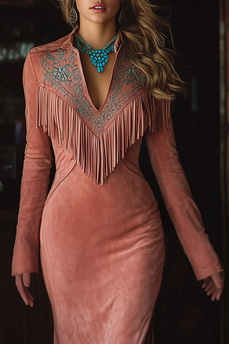 Vintage Western Tassel Embroidered Pink Faux Suede Maxi Dress