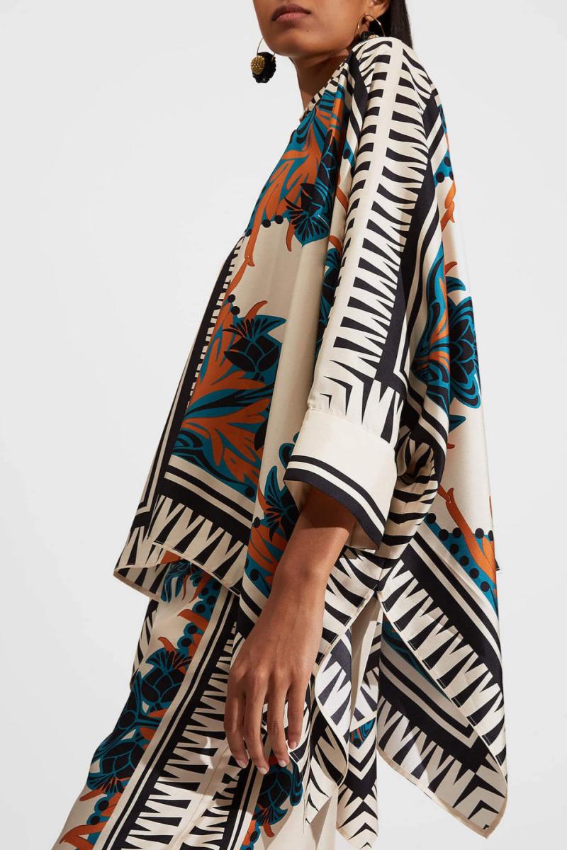 Conjunto de pantalones con mangas murciélago y estampado floral de satén fino - Naranja