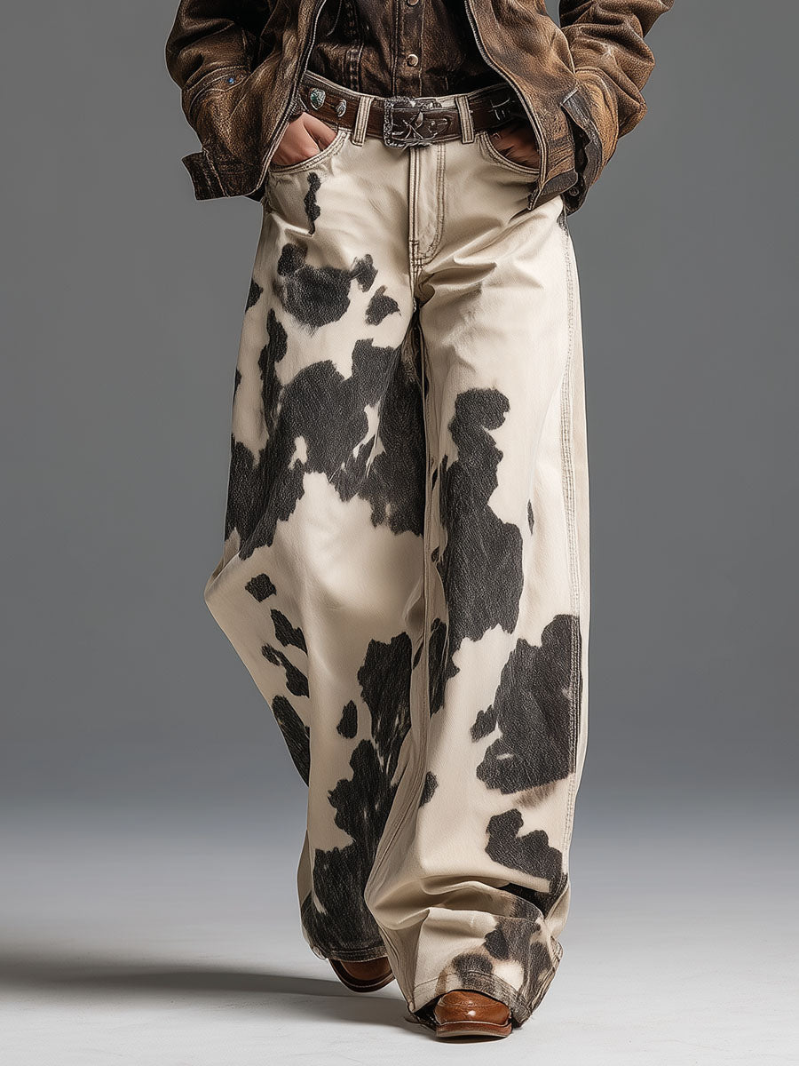 Pantaloni con motivo a mucca in stile western retrò e alla moda
