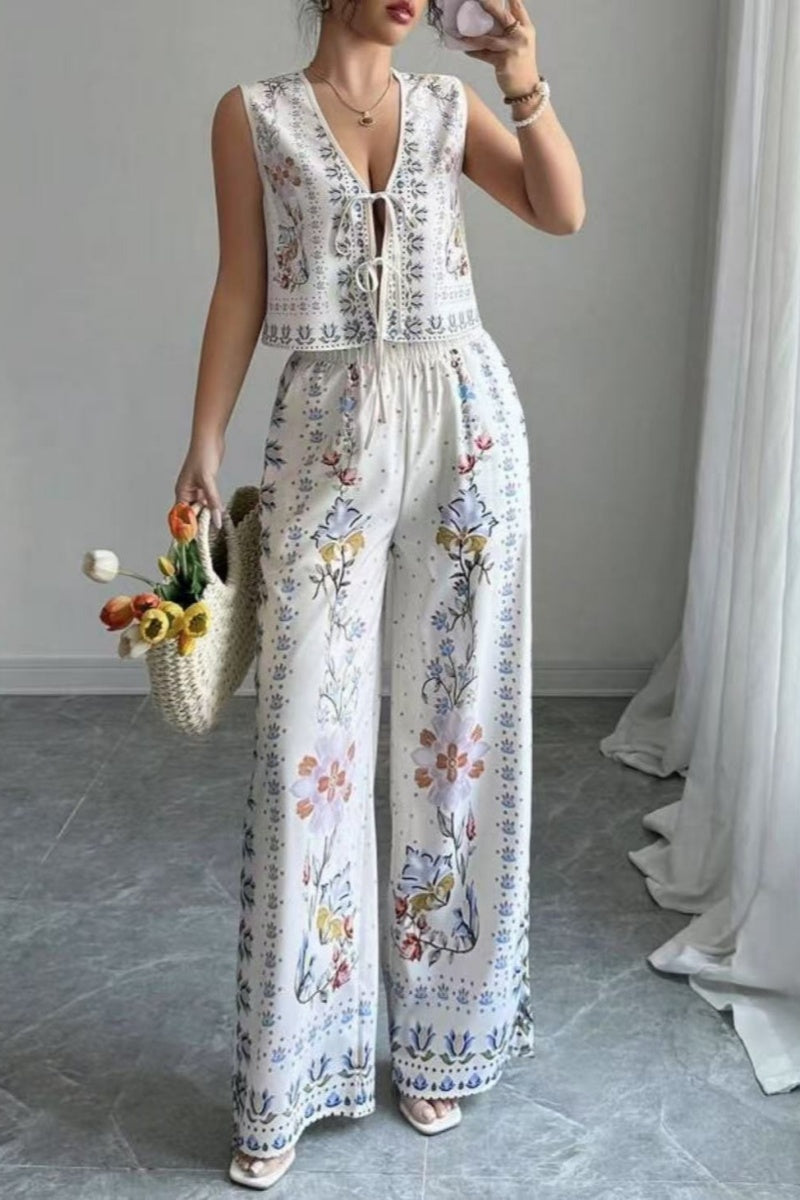 Tie-Up Vest & Wide-Leg Pants Set – Sky Blue Print