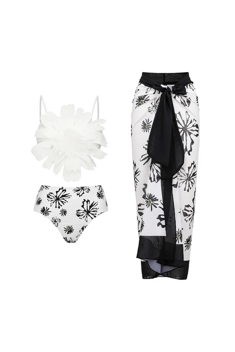 Floral Trim White Printed Bikini Set