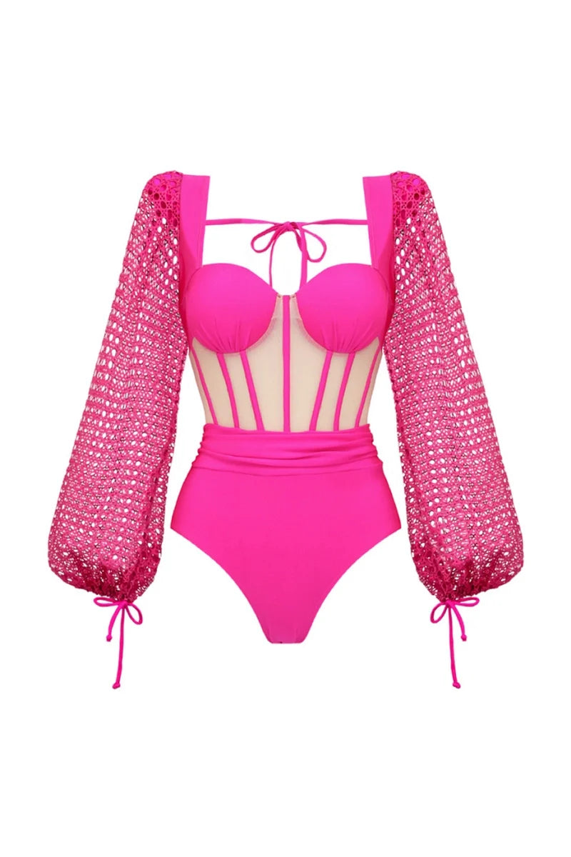 Fluorescent Pink Backless Swimsuit Set