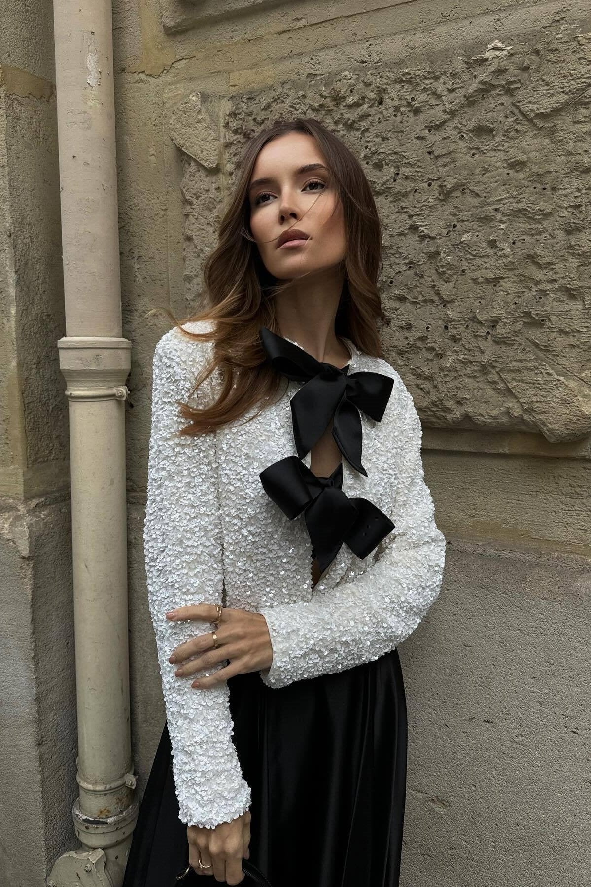 Cara Bow-tie Sequins Crop Top-Sunfere