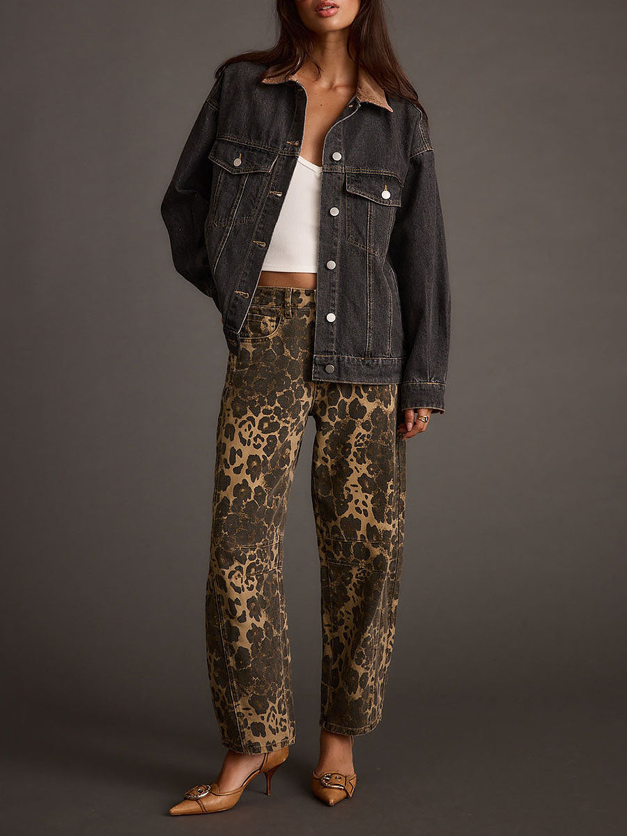 Retro western jeans met luipaardprint en wijde pijpen