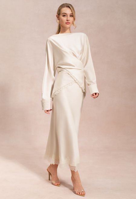 Ivory Satin Wrap-Effect Co-ord Skirt Set