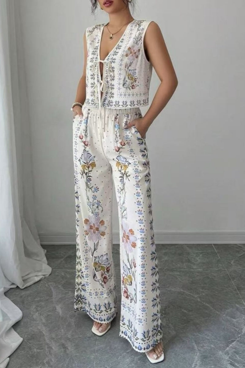 Tie-Up Vest & Wide-Leg Pants Set – Sky Blue Print
