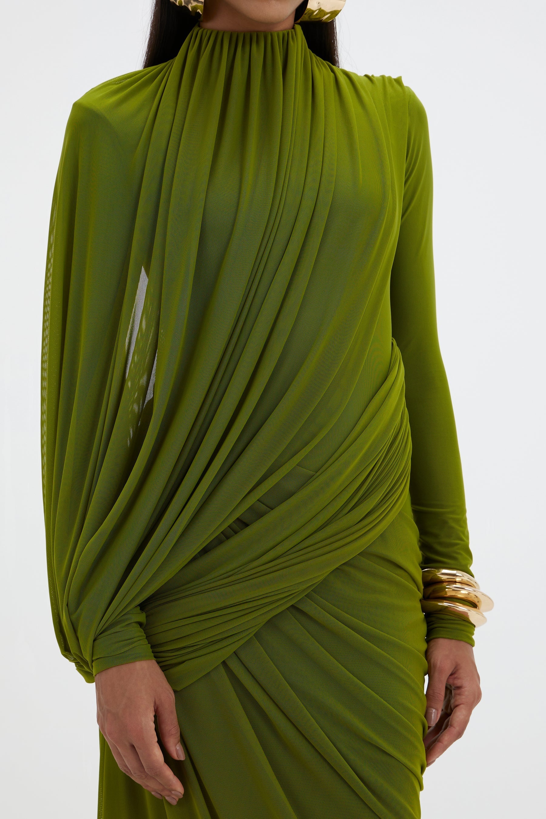 Sculptural Matcha Draped Maxi Dress