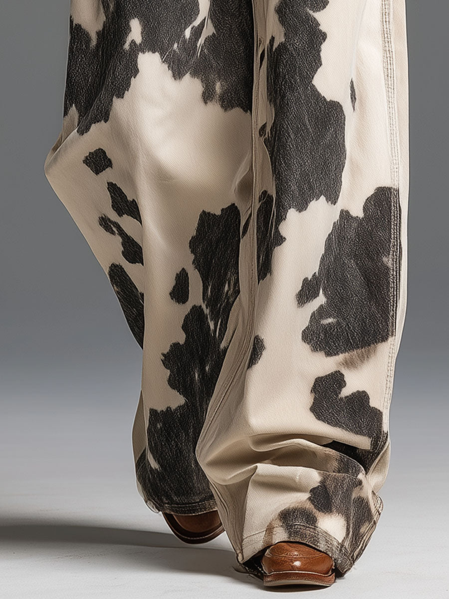 Pantaloni con motivo a mucca in stile western retrò e alla moda