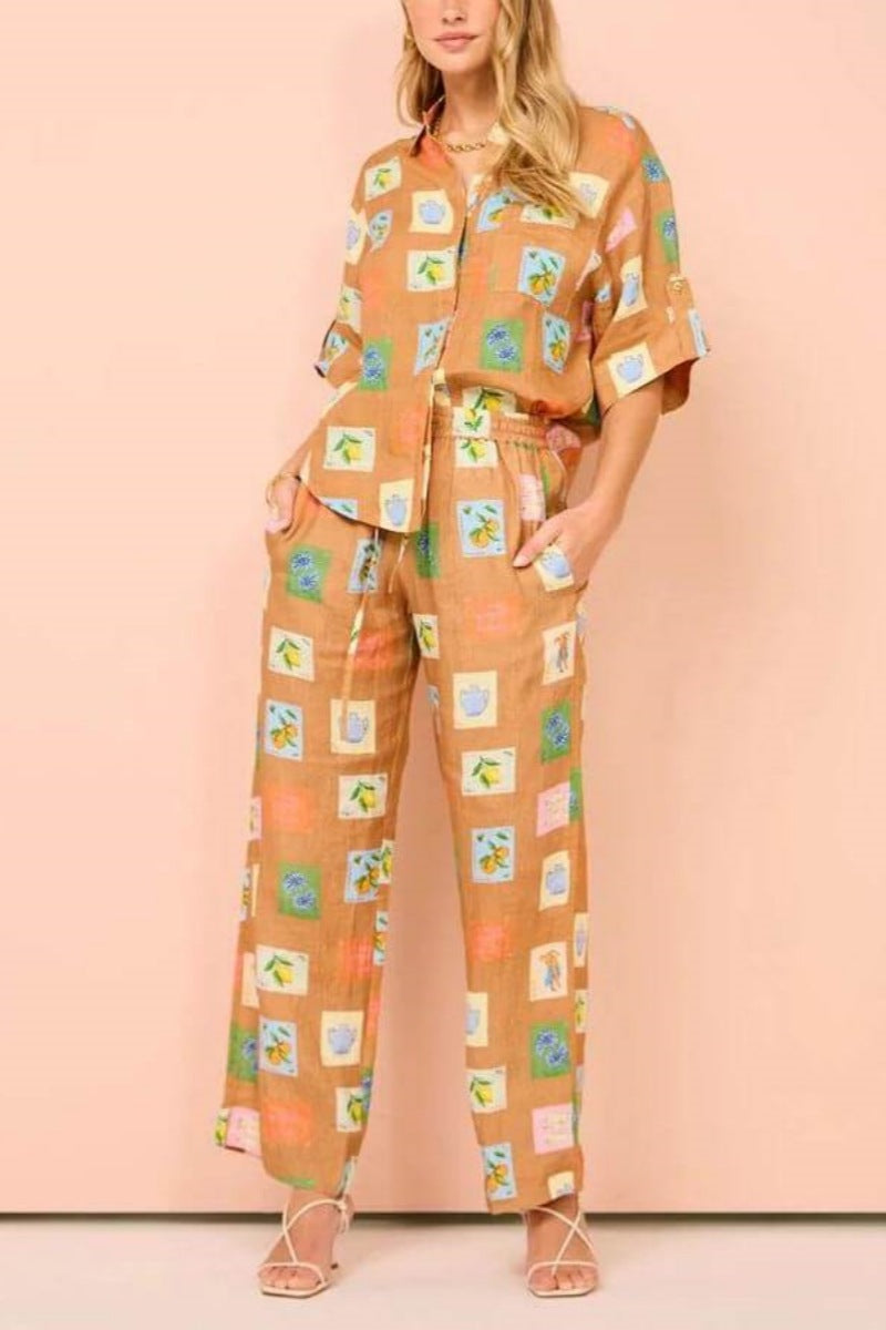 Pantalon large ample avec imprimé floral botanique ethnique - Ensemble