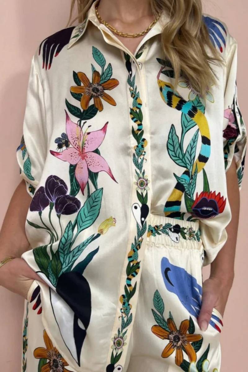 Boho Natureza Printed Satin Shirt & Byx Set