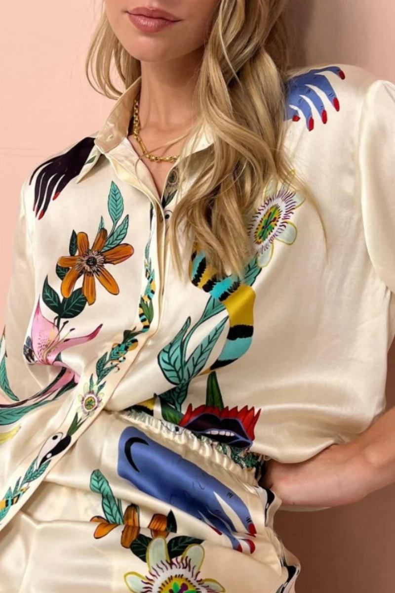 Boho Natureza Printed Satin Shirt & Byx Set