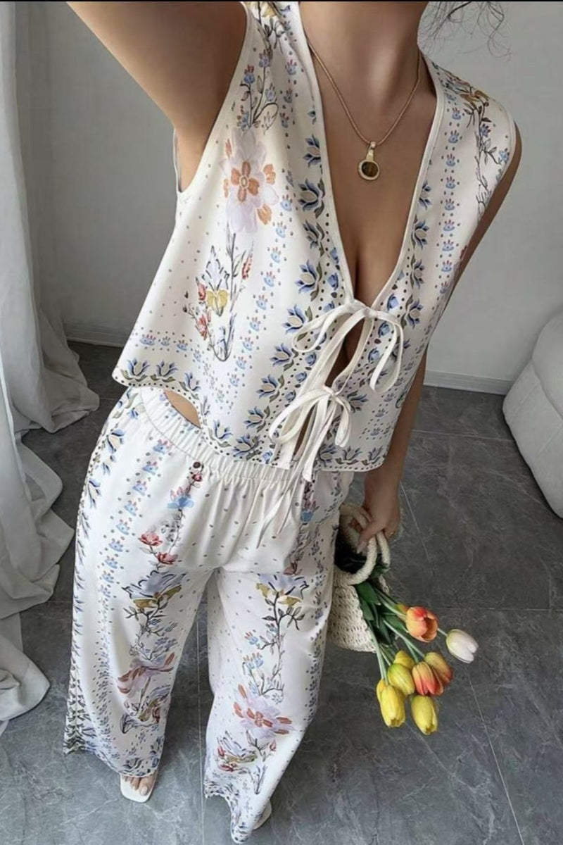 Tie-Up Vest & Wide-Leg Pants Set – Sky Blue Print