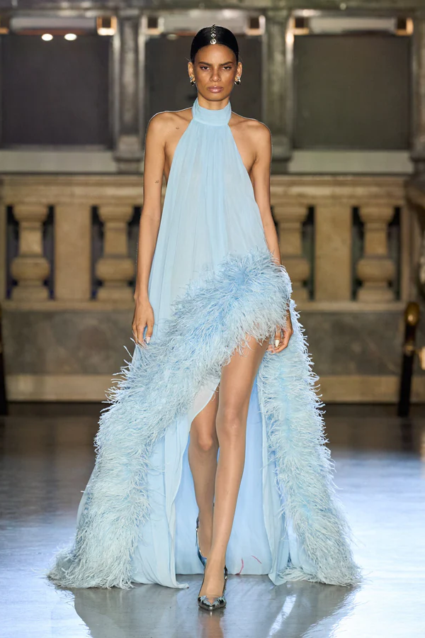 Ethereal Red Carpet Feather Train Maxi Dress