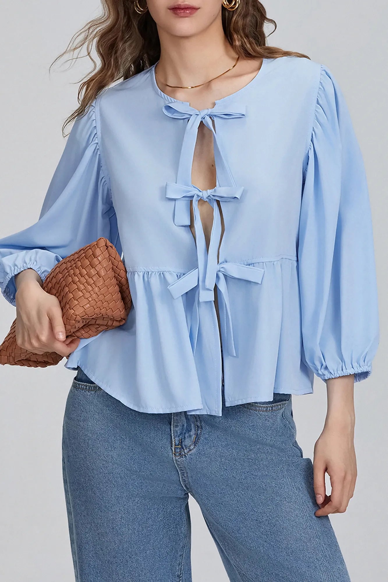 Top bluză cu papion peplum cu mâneci bufante