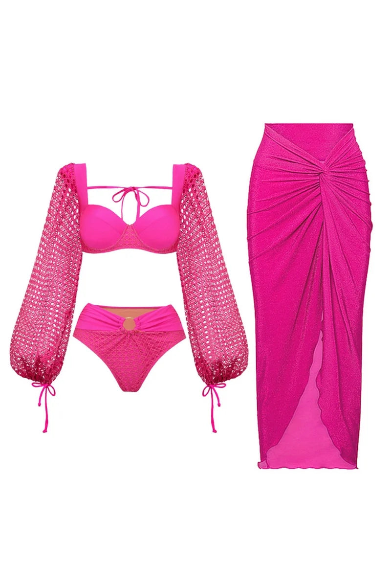 Fluorescent Pink Backless Swimsuit Set