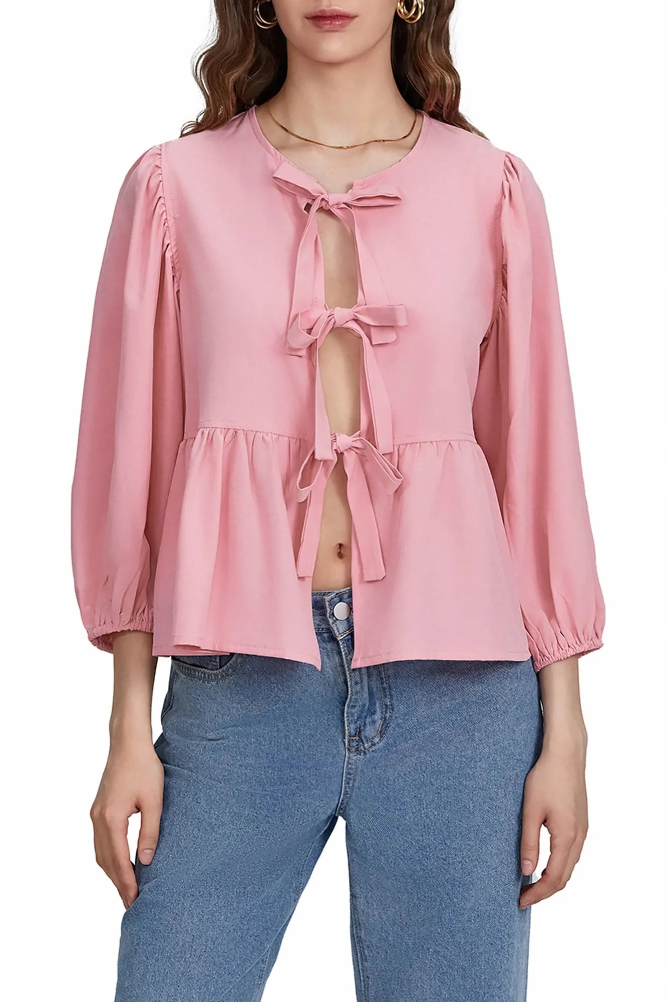 Top bluză cu papion peplum cu mâneci bufante