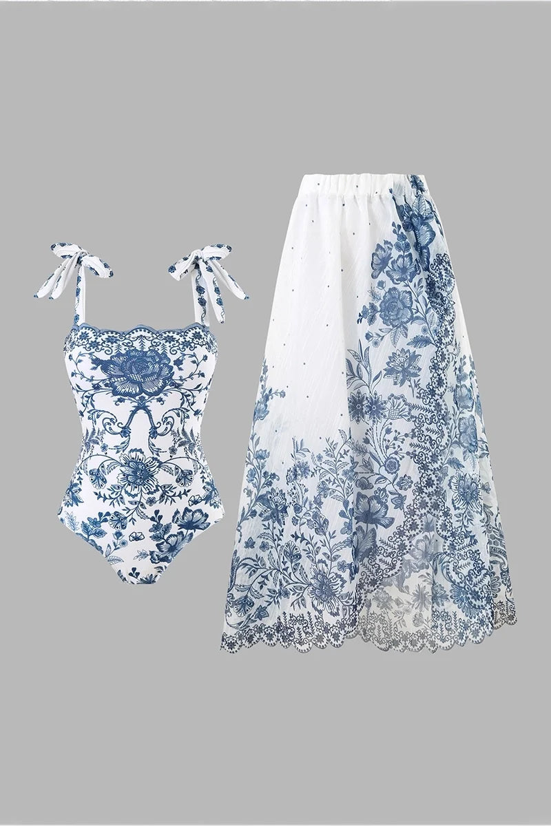 Floral Bow Tie One-Piece Swimsuit Set
