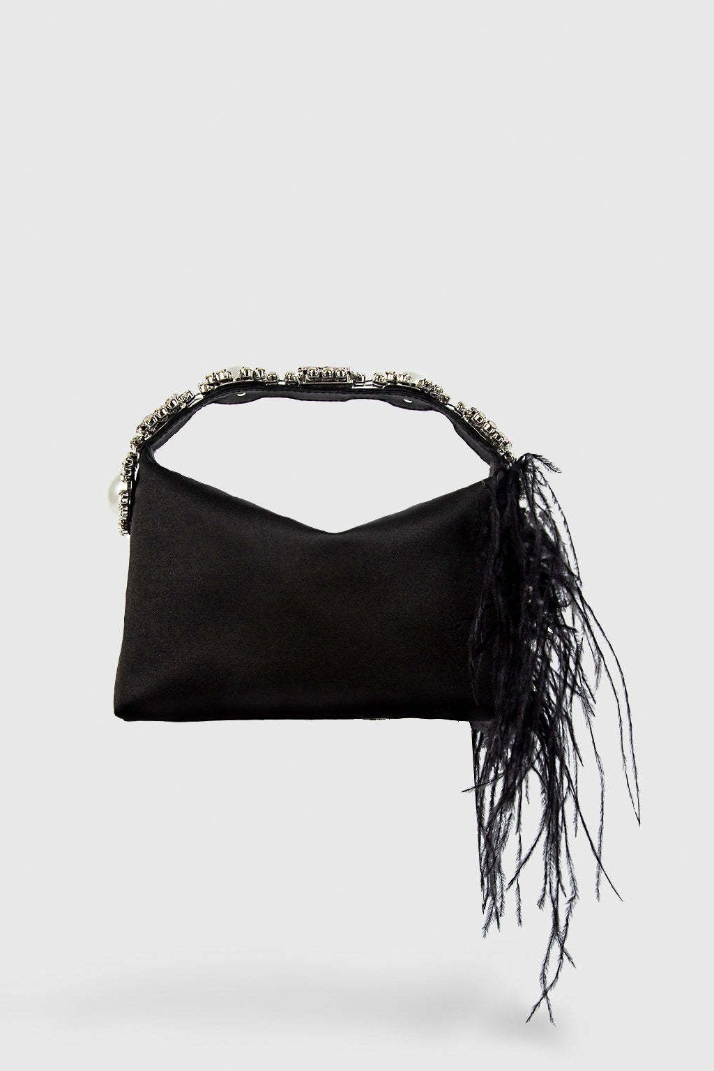 Borsa Bento in raso con diamanti e piume
