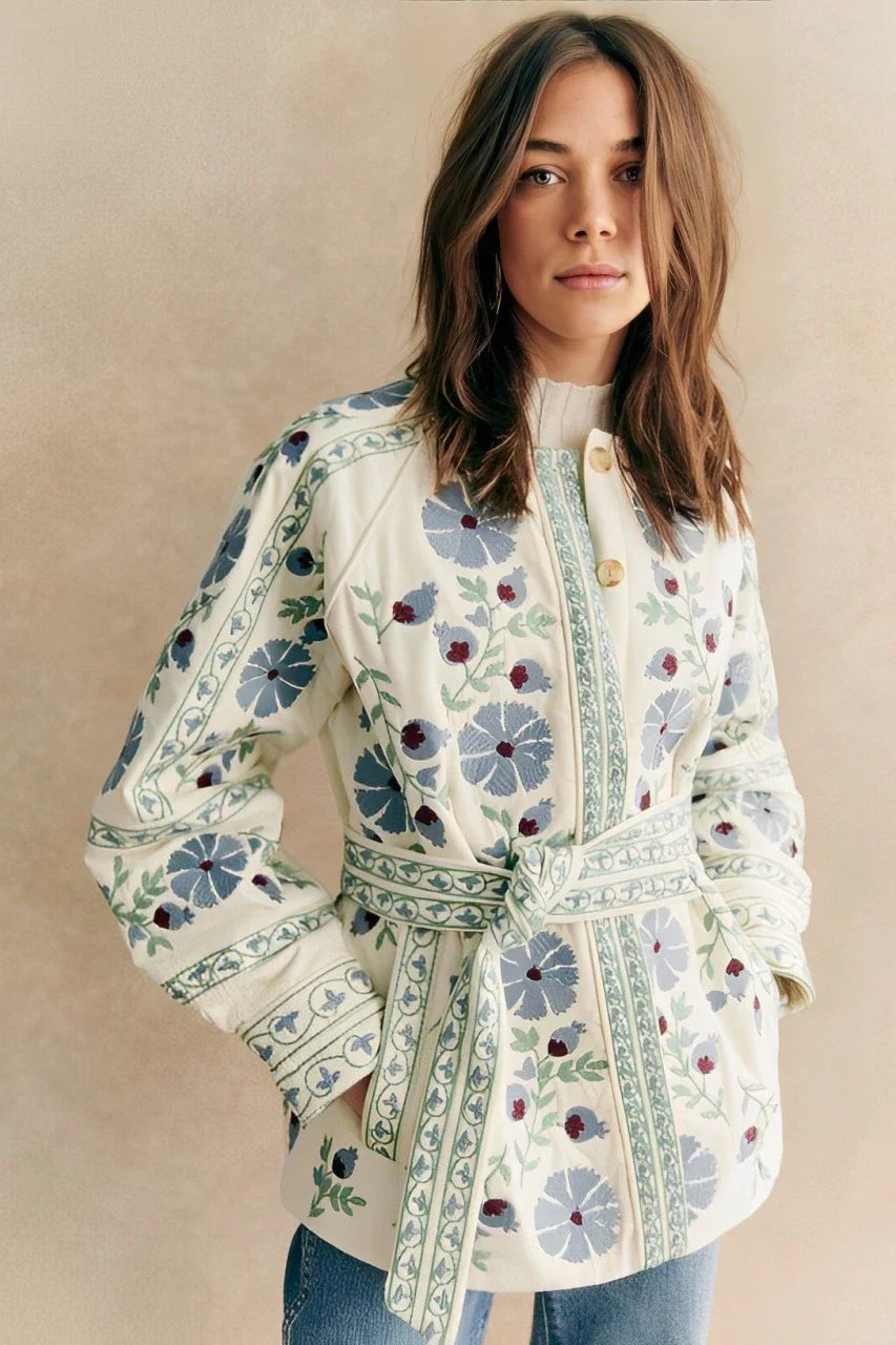 Gündelik Sokak Çiçekleri Bağcıklı Düğmeler Patchwork O Yaka Dış Giyim