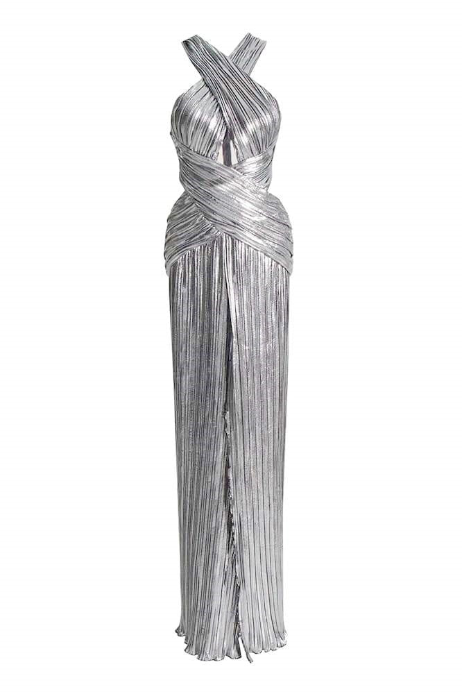 Heloise Metallic Kräiz Halter Neck Maxi Kleed