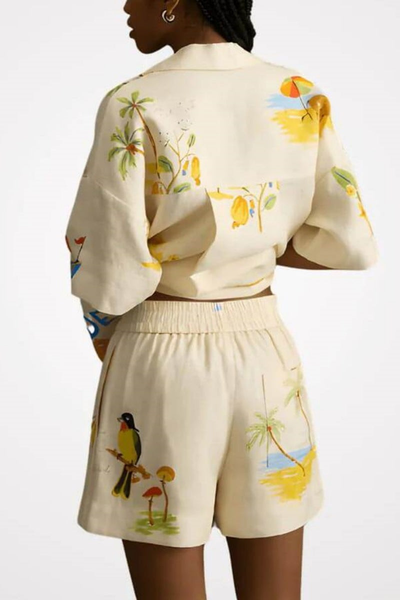 Set unic din două piese, pantaloni scurți largi, cu imprimeu floral popular de vacanță