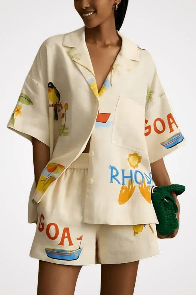 Set unic din două piese, pantaloni scurți largi, cu imprimeu floral popular de vacanță