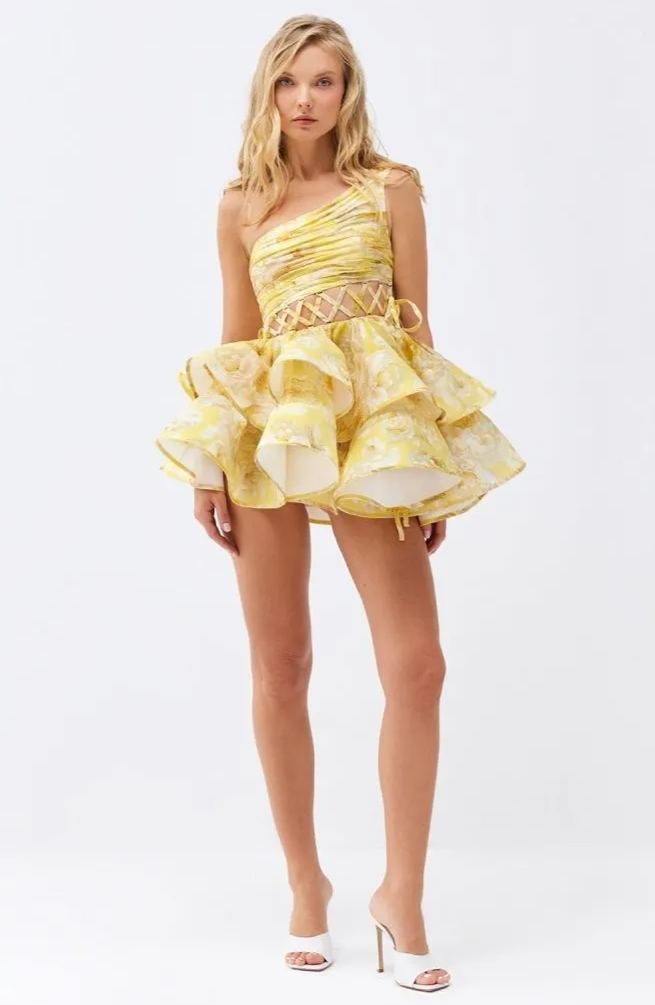 Rochie mini din șifon Andrea cu un umăr cu imprimeu floral